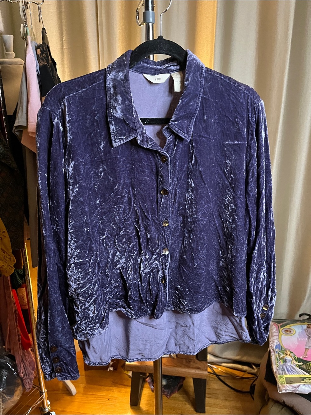 JJILL XLP crushed velour velvet purple button down hi lo hem 100 rayon